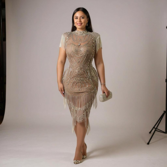 “Glimmer Flow” – Kneel Length Evening Embellished Gown