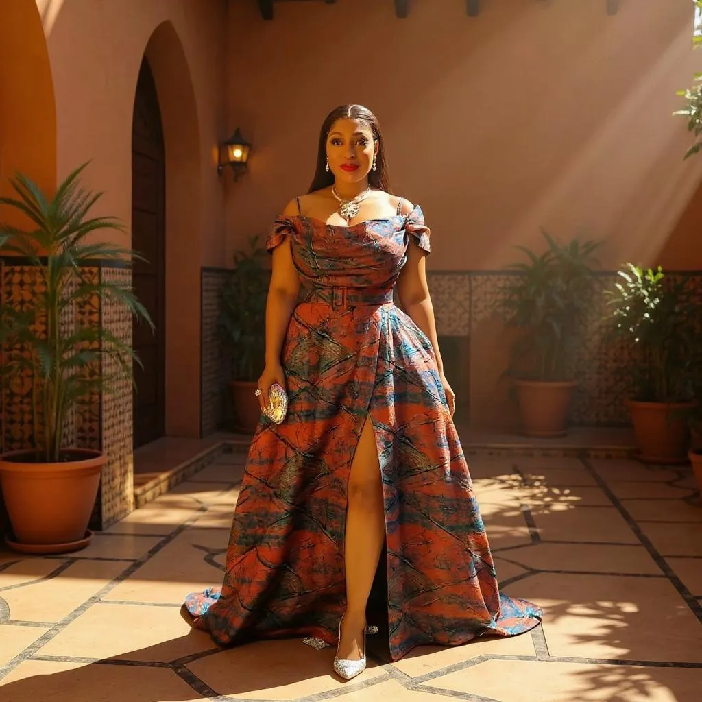 Long Flowing Dinner Dress - Damask Fabric