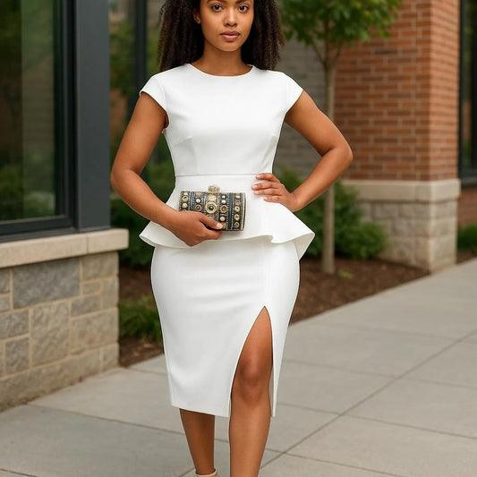 Elegant Scuba Fabric White Peplum Dress