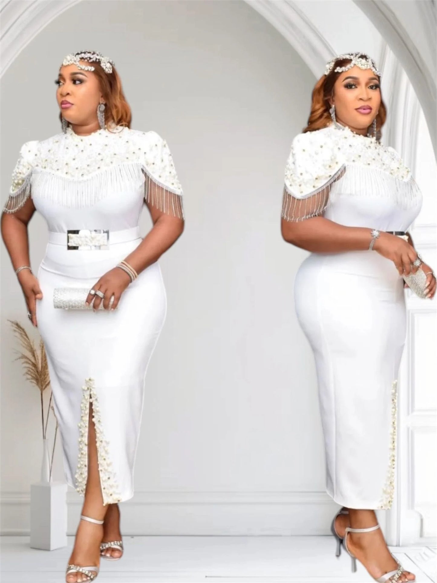 Luxury : Elegant White Beaded Party Dress