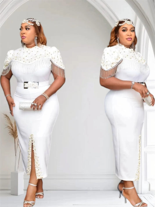 Luxury : Elegant White Beaded Party Dress