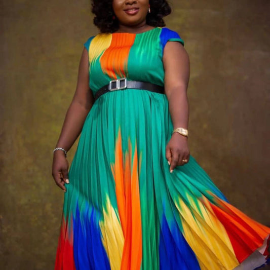 Multi Colour Short Sleeve Pleated Dress