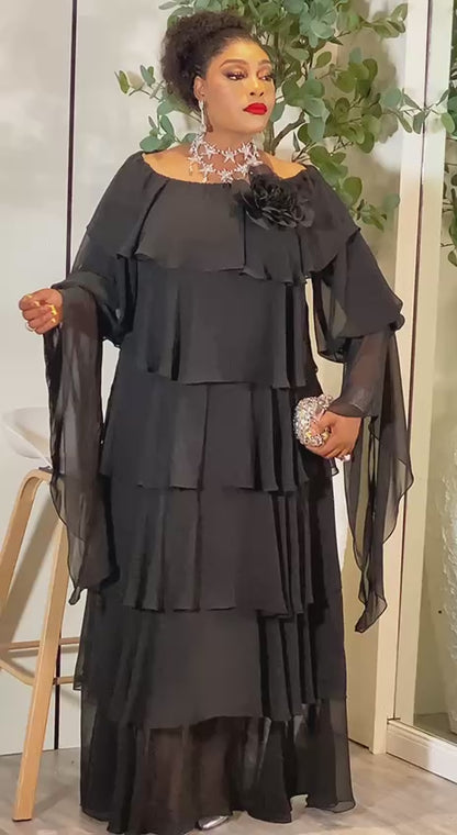 Elegant Black Multi Layered  Lace Maxi Dress