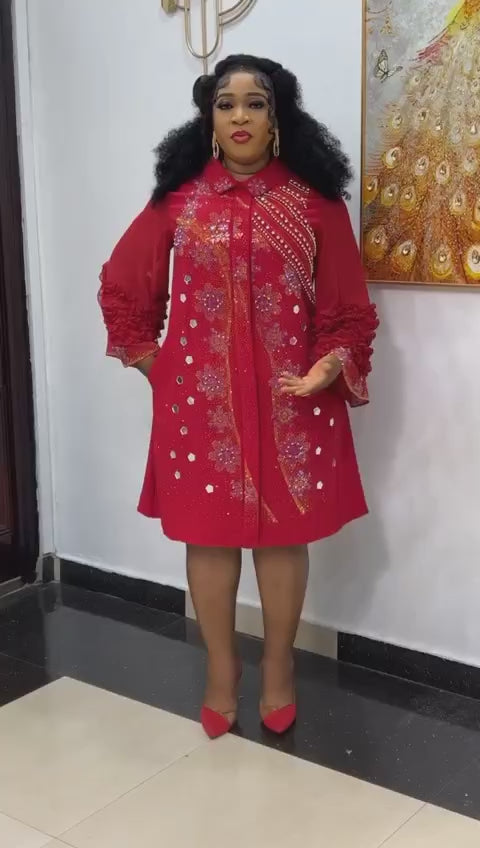 Short Shift Red Dress with Rhinestone Embellishments