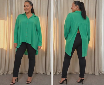 Chiffon Long Sleeve Green Shirt with Back Flap Detail