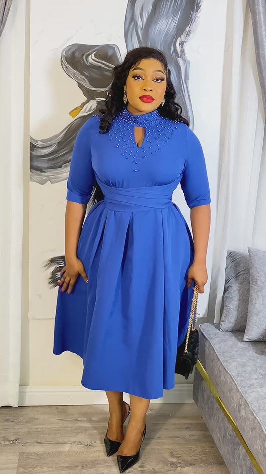 Blue Classy Dress With Infused Neck Beads
