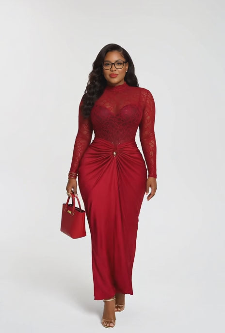 Burgundy Elegant Bodycon Dress With Net Top