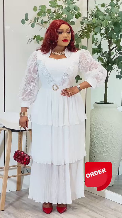 Elegant White Lace Sleeve Pleated Maxi Dress with Belt