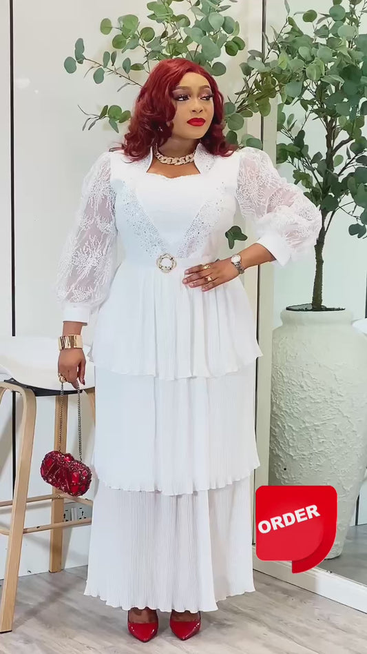 Elegant White Lace Sleeve Pleated Maxi Dress with Belt