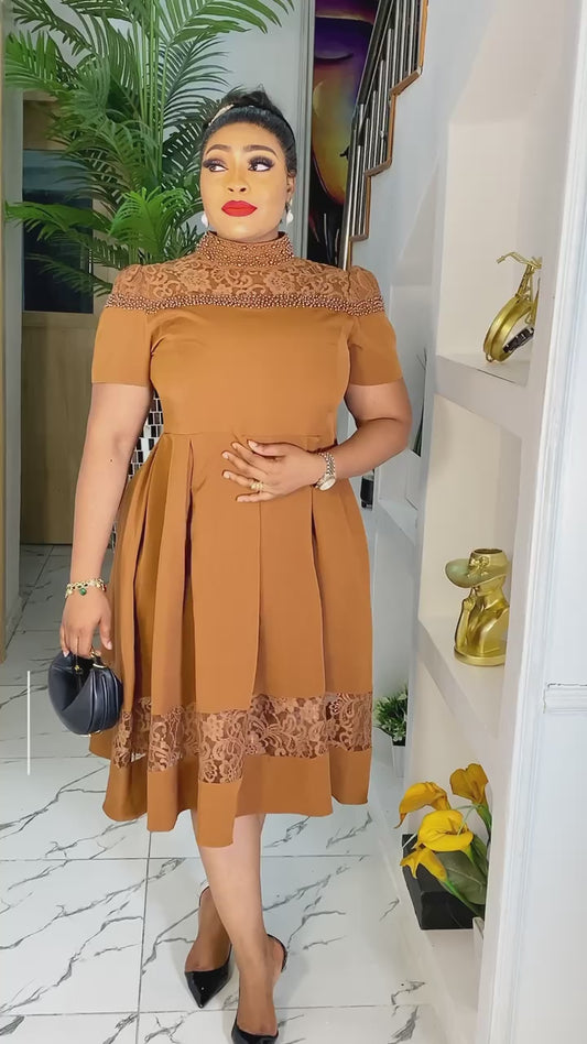 Brown Classy Dress With Infused Neck Beads