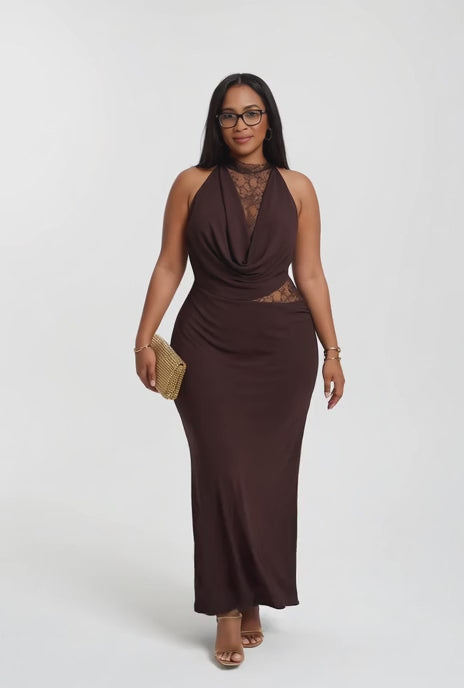 Brown Sleeveless Bodycon Dress With Net Top