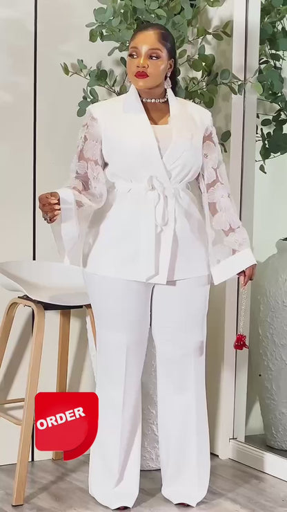 Luxury White Lace Sleeve Belted Pant Suit (2-Piece Set)
