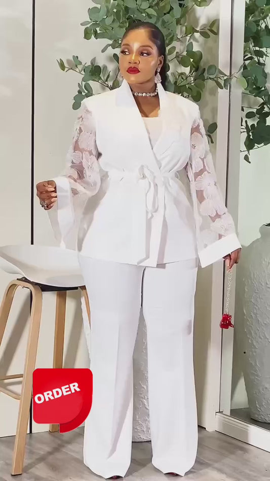 Luxury White Lace Sleeve Belted Pant Suit (2-Piece Set)