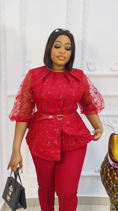 “Bold Red Top with Sleek Fitted Pants – Stylish Two-Piece Set”