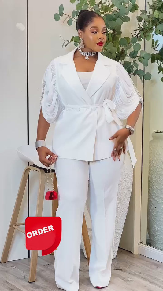 Classy White Draped Sleeve Belted Pant Suit (2-Piece Set)