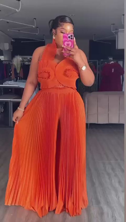 Vibrant Pleated Two-Piece Set with Ruffle Top