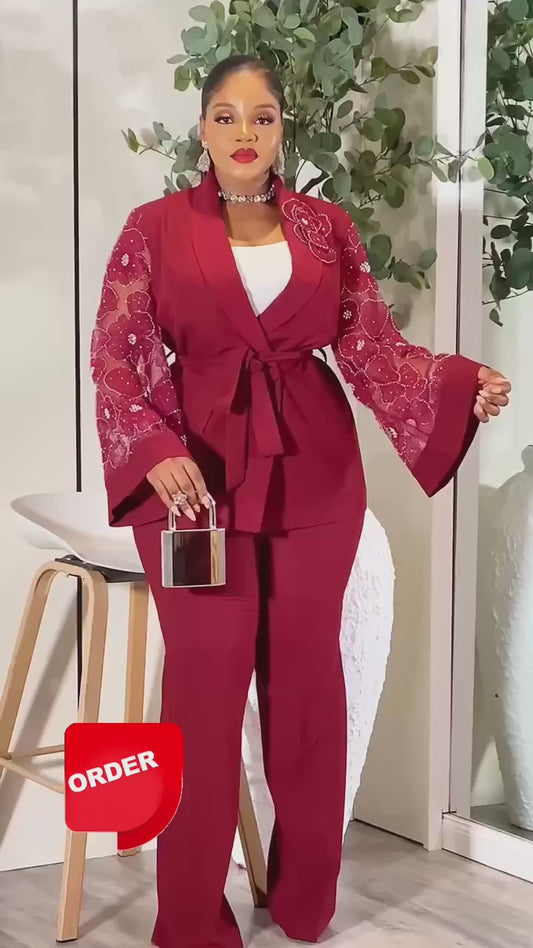 Luxury Wine-Red Lace Sleeve Belted Pant Suit (2-Piece Set)