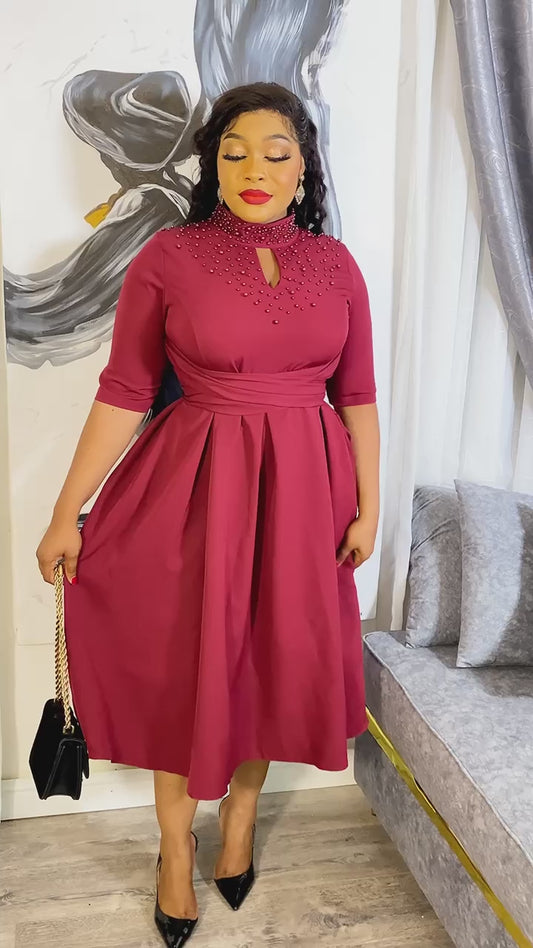Burgundy Classy Dress With Infused Neck Beads