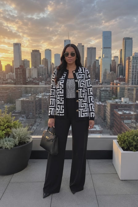 Ensemble trois pièces en maille géométrique de luxe (cardigan + haut + pantalon large)